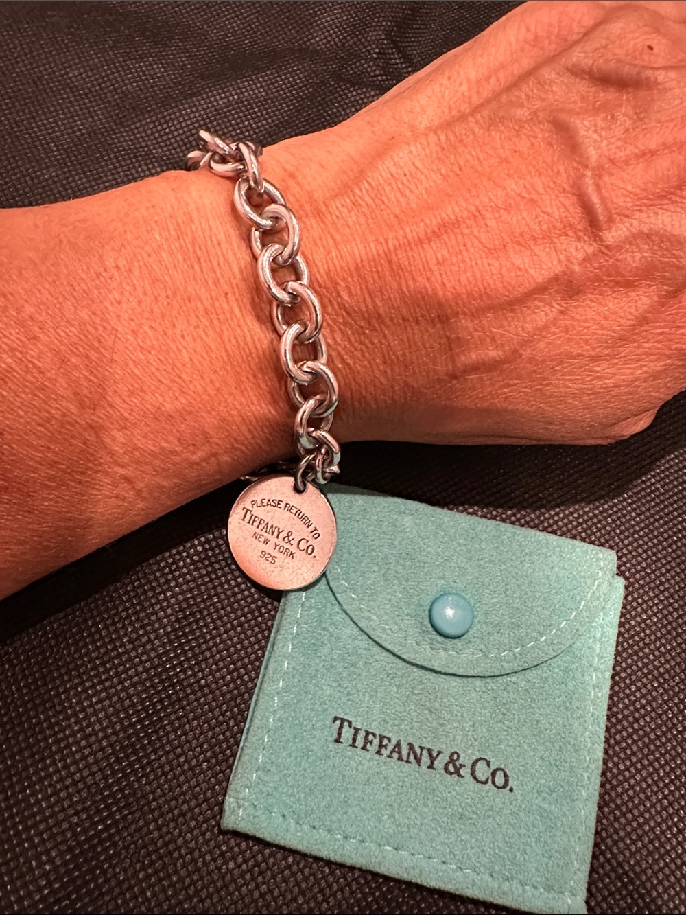 Tiffany & Co. Silver Link Bracelet with Round Tag and Signature Blue Pouch